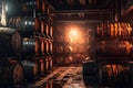 close-up of whisky barrels aging in a dark warehouse