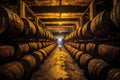 close-up of whisky barrels aging in a dark warehouse Royalty Free Stock Photo