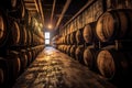 close-up of whisky barrels aging in a dark warehouse