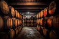 close-up of whisky barrels aging in a dark warehouse