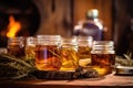 close-up of whisky-filled mason jars on rustic table