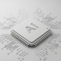 Close-up of a white AI microchip with radiating circuit board traces on a white background Royalty Free Stock Photo