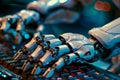 Close up of white artificial intelligence android robot hand writing text on compurter keyboard