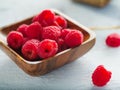 Close-up. On a white background, a bowl of fresh raspberries. Organic food, healthy lifestyle, light summer dessert, confectionery Royalty Free Stock Photo