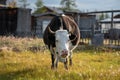 White and black cow grazing on farm yakutian yard Royalty Free Stock Photo