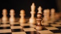 Close up of white and black wooden chess pieces on board. Selective focus on confrontation of black pawn opposite white