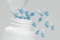 Close up of white bottle medicine with spilling pills on light background, 3d rendering.