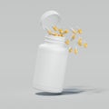 Close up of white bottle medicine with spilling pills on light background, 3d rendering.