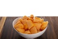 Close-up of a white bowl full of sliced cantaloupe