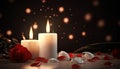 Close-up with white candle lit and red rose flower with blurred, dark background Royalty Free Stock Photo