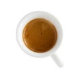 The close-up of white coffee cup with espresso, isolated on white background. Top view