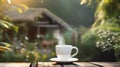 Close-up white coffee cup, mug with steaming smoke of coffee on old wooden table in morning nature outdoor, garden background