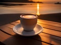 Close up white coffee cup on wood table and view of sunset or sunrise background Royalty Free Stock Photo