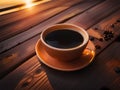 Close up white coffee cup on wood table and view of sunset or sunrise background Royalty Free Stock Photo
