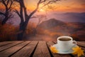 Close up white coffee cup on wood table and view of sunset or sunrise background Royalty Free Stock Photo