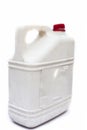 Close up of white colored Jerrican or plastic jerrican or jerry can isolate on white used for containing liquids.