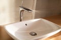 CLose up white comtemporary luxury washbasin, tap