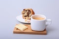 Close-up of white cup of cappuccino coffee and chocolate cake Royalty Free Stock Photo