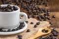 Close-up of white cup and plate with coffee beans, on burlap, with wooden spoon and more beans on wooden table, selective focus, Royalty Free Stock Photo