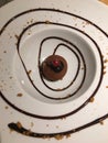 Close up of a white dessert plate with a truffle in the middle and chocolate syrup Royalty Free Stock Photo