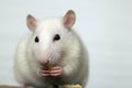 Close up of white domestic rat eating bread crums Royalty Free Stock Photo