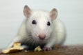 Close up of white domestic rat eating bread crums Royalty Free Stock Photo