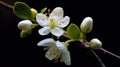 Close-up of white flower with green leaves and petals. It is positioned on branch of tree, which can be seen in