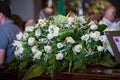 Close up of white flowers for the victims of Morandi bridge collapse Royalty Free Stock Photo