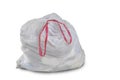 A close up of a white garbage trash bag