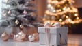 Close up white glitter gift box with rose gold ribbon and Christmas tree in the house, Christmas background. Generative AI Royalty Free Stock Photo