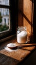 A close up of white granulated sugar in a jar and wooden spoon on wooden surface Royalty Free Stock Photo