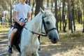 Close up of white horse running with teenage rider boy Royalty Free Stock Photo
