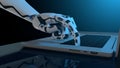 Close-up of white human shaped robot hand pressing a key of an aluminum laptop with blue light on reflective blue desk. 3D Royalty Free Stock Photo