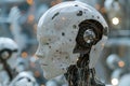 Advanced humanoid robot looking right in a group