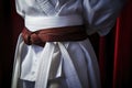 close-up of a white karate belt tied around a gi