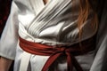 close-up of a white karate belt tied around a gi