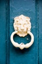 Close up of a white lion door knocker, blue door Royalty Free Stock Photo