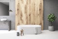 Concrete and wooden bathroom interior, tub Royalty Free Stock Photo