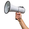 Close-up of a white megaphone held in hand, isolated on a white or transparent background. The megaphone is directed