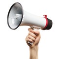 Close-up of a white megaphone held in hand, isolated on a white or transparent background. The megaphone is directed