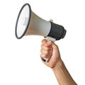 Close-up of a white megaphone held in hand, isolated on a white or transparent background. The megaphone is directed