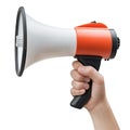 Close-up of a white megaphone held in hand, isolated on a white or transparent background. The megaphone is directed