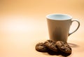 Close up white mug of milk and pile of dark chocolate chip cookies