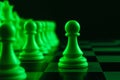Close-up white pawn on a chessboard, chess, game. The concept of confrontation, career, promotion, startup