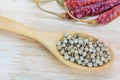 Close up white pepper in wooden spoon Royalty Free Stock Photo