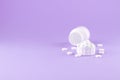 Close up white pill bottle with spilled out pills and capsules in cap on purple background with copy space. Focus on foreground, s Royalty Free Stock Photo