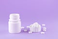 Close up white pill bottle with spilled out pills and capsules in cap on purple background with copy space. Focus on foreground, s Royalty Free Stock Photo