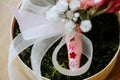 Close up of white and pink rose boutonniere.