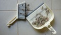 close up a white plastic whisk broom and dustpan indoors.concept Household hygiene Royalty Free Stock Photo