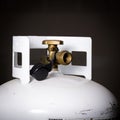 Close up of a white Propane take with brass fittings